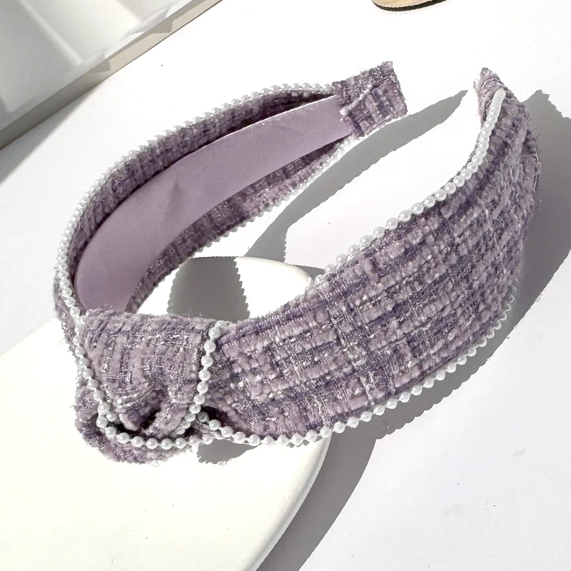 Vintage Winter Elegant Women Knotted Headband French Retro White Pearl Bow hairband Wide Knot Woolen Cloth hairhoop