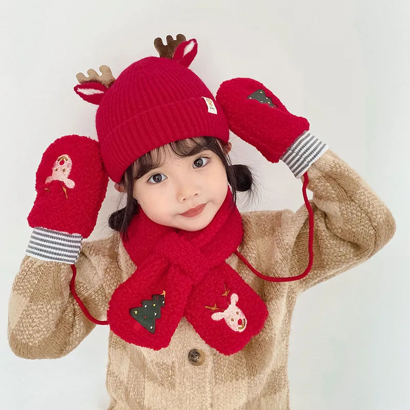 Baby Cashmere Hat and Scarf Sets Christmas Tree Mittens Gloves Kawaii Beanie for Boys Girls Knitted Antlers Headwear Child Hats