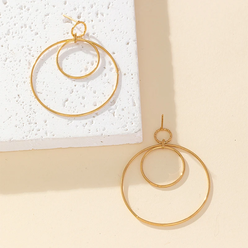 QS 2024 New arrival multi-layer circle earrings 18K real gold stainless steel Exaggerated geometric earrings drop women