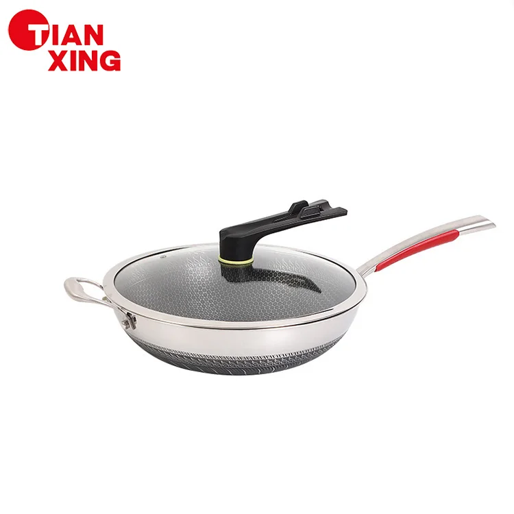 Kitchen Cookware Non-stick Chinese Woks Honeycomb Wok Pan Stainless Steel Non Stick Deep Frying Pan With Lid