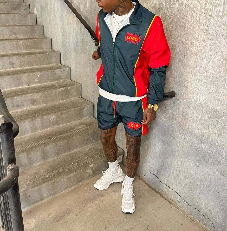 Custom colorblock short set nylon polyester windbreaker men 2 piece wind breaker Streetwear summer tracksuit shorts set for men