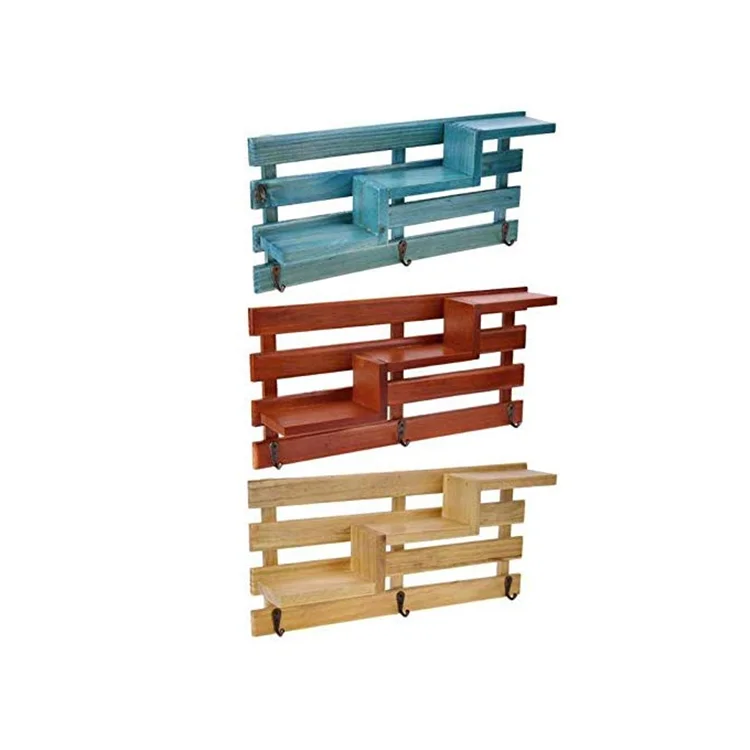 Three Layer Entryway Shelves Wall Mounted Holder Storage Organize Solid Wood Storage Racks Stair Display Shelf with Metal Hooks