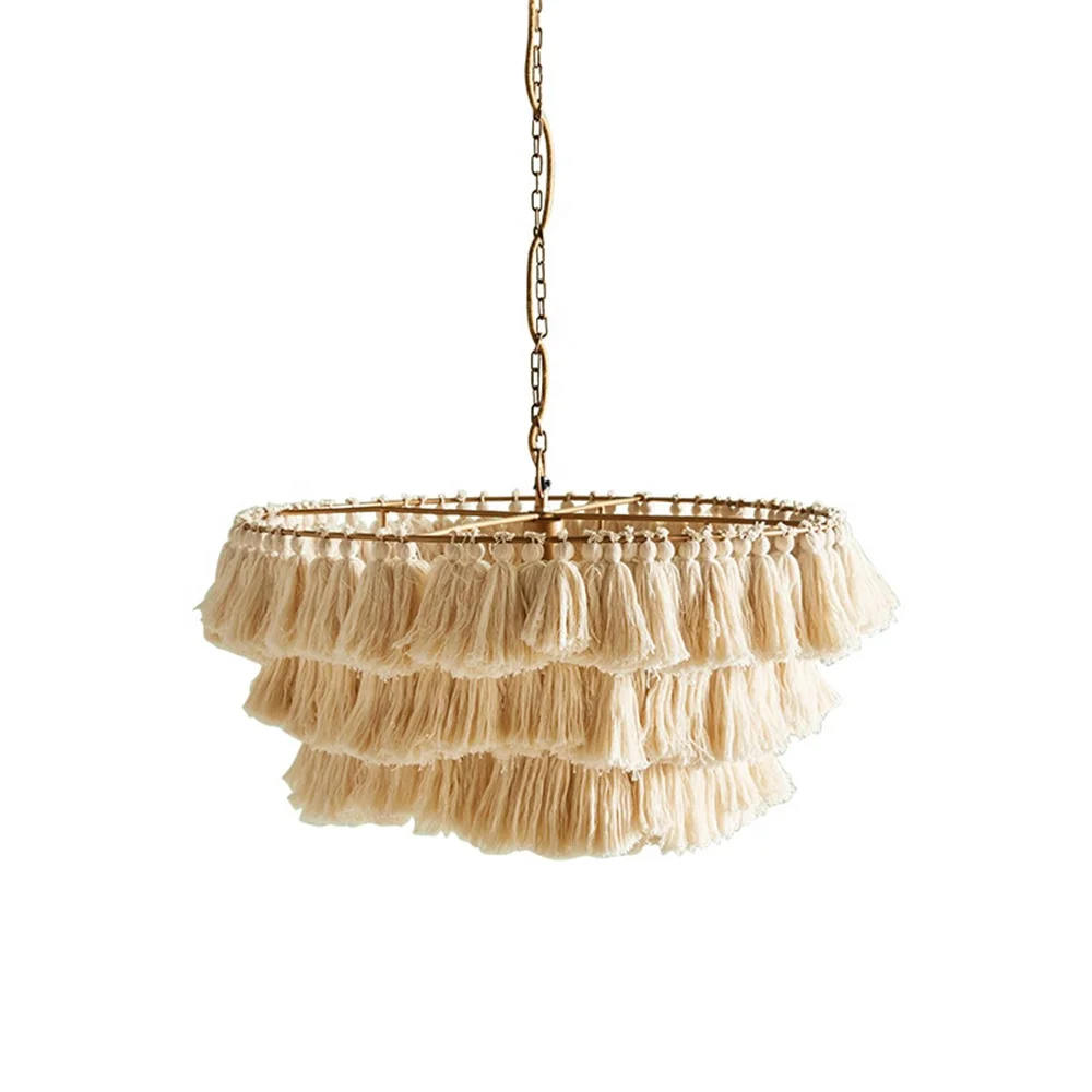 Biumart 3 Tier Tassel Chandelier Hand Weaving Rope Hanging Lamp Office Pendant Modern Lamp for Shop