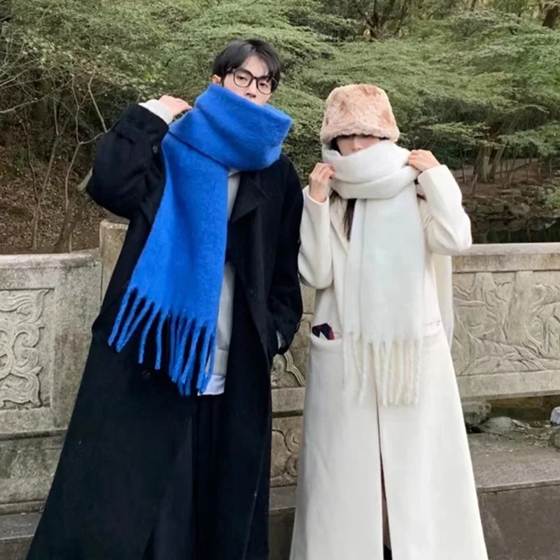 Winter Warm Mens Black And White Cashmere Scarf Large Tassels  Solid Color Plain Pashmina Shawls Women Blanket Neck Scarves