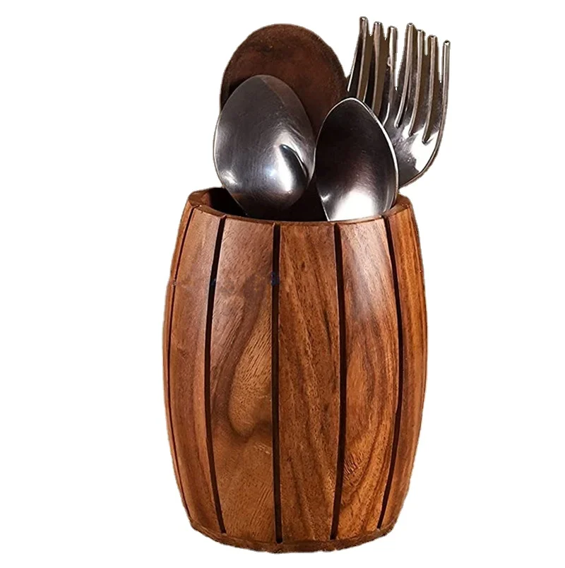 Handmade Round Shape Barrel Wooden Cutlery Spoon Fork Holder Kitchen Utensil Tool Organizer Stand Customized Wholesale
