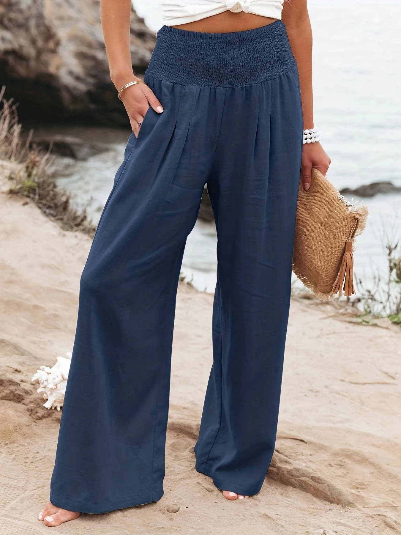 Popular Spring Autumn Women Casual Wide Leg Pants Solid Color Cotton Linen Mid Waist Trousers