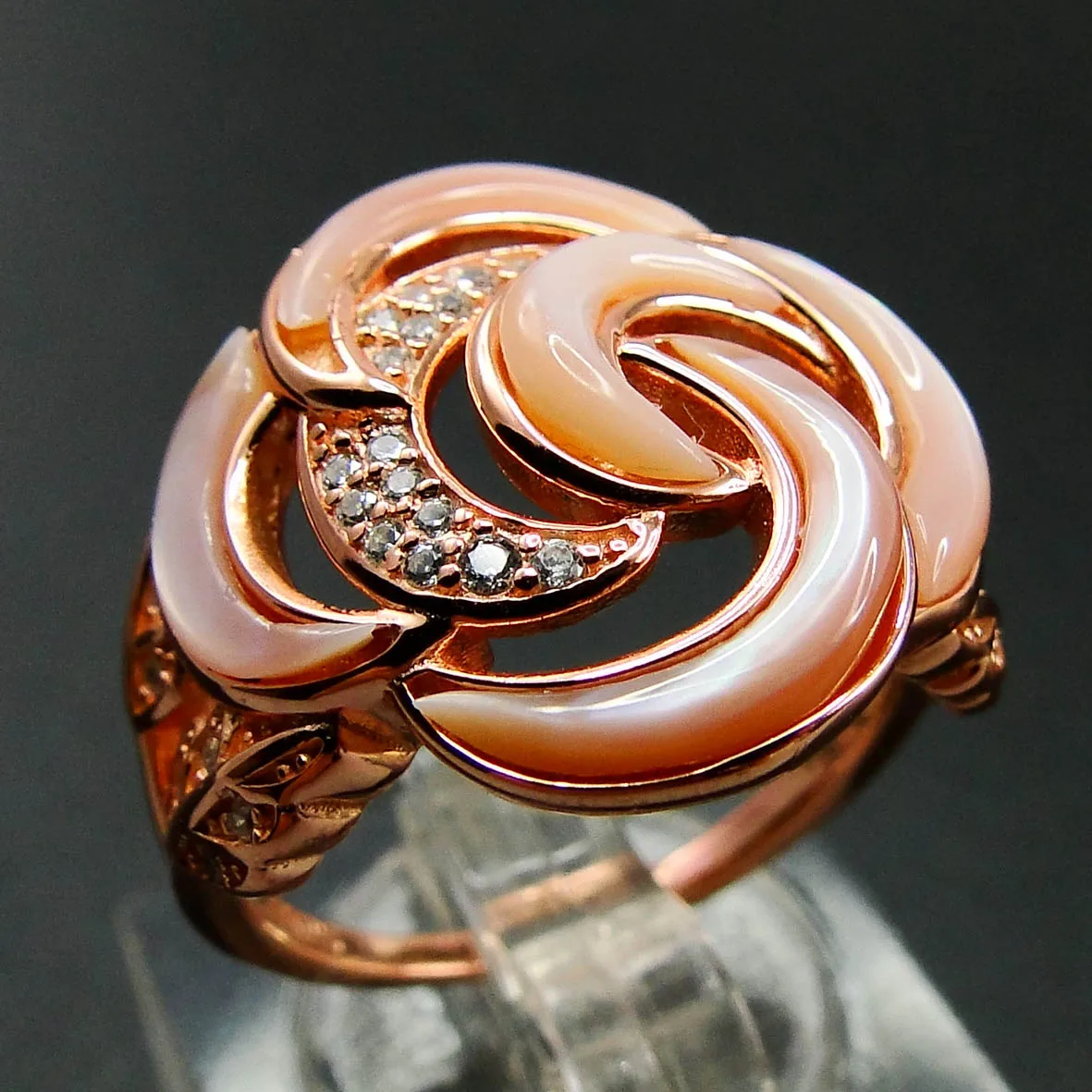 Beautiful 14K Rose Gold Kabana Inlay Pink Mother Of Pearl Engagement Ring Fine Jewelry