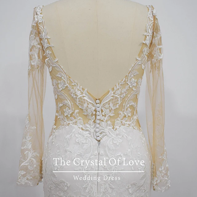 The light champagne weeding dress,the lace wedding dress,long sleeve dress