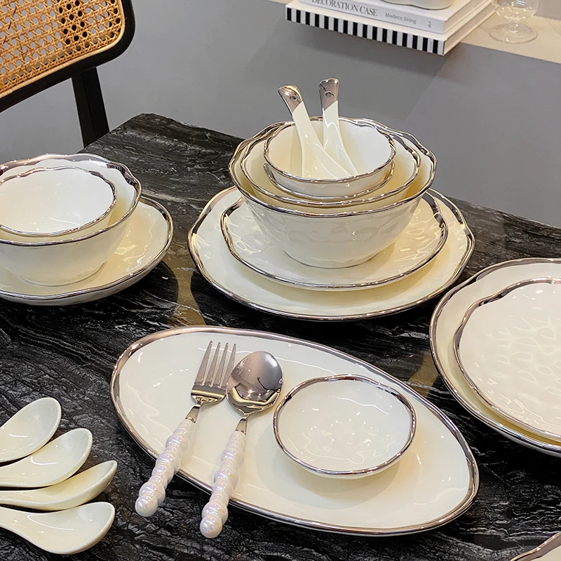 Chinese Porcelain Silver-edged Porcelain Tableware Cream-white Luxury Tableware Set Ceramic Soup Bowl Wedding Gift Plate