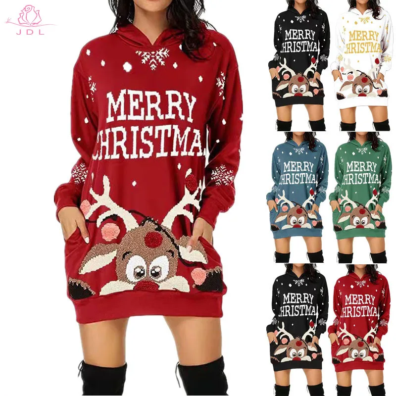 Fashion Ladies Casual Print Long Sleeve Pocket Hooded Sweater Loose Dress Christmas Pullover