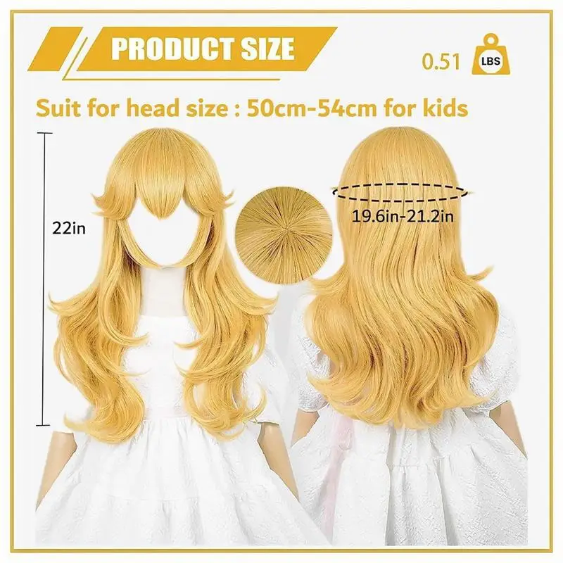 Children/kids version wig 80 cm long body wave gold color Princess Peach cosplay wig for kids