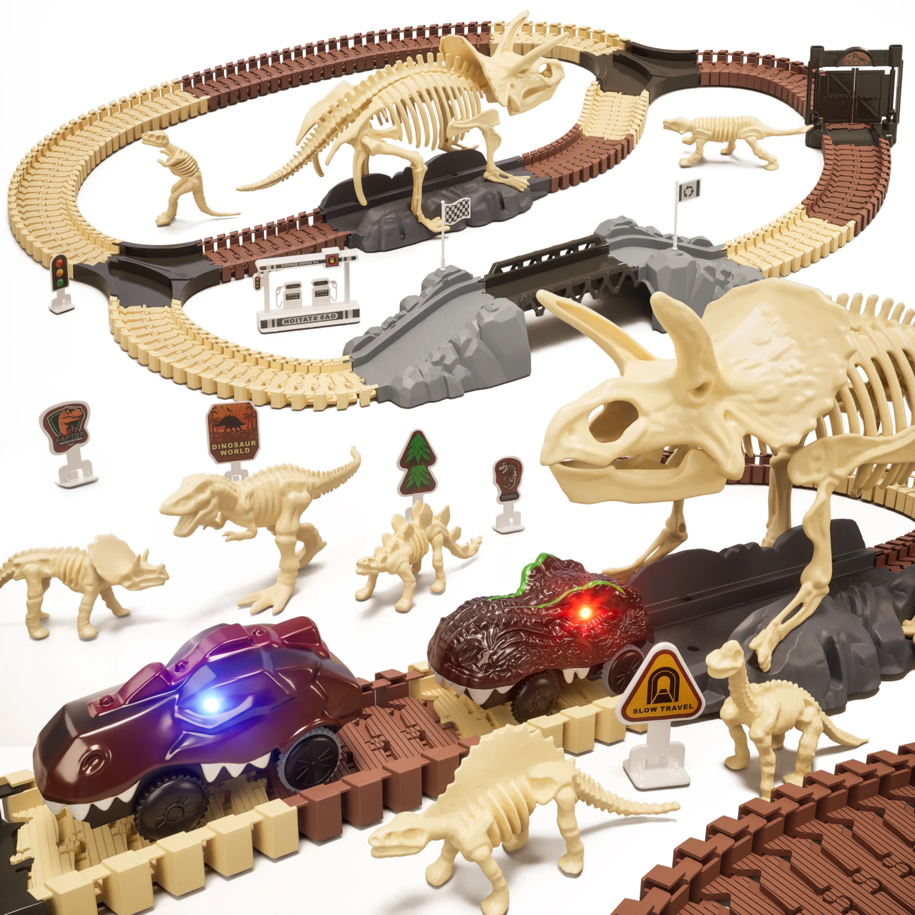 Tumama Kids Dinosaur Fossil Toys 184pcs Spliced Dinosaur Race Track Set Built-in Battery Electric Car Racing Track with Lights