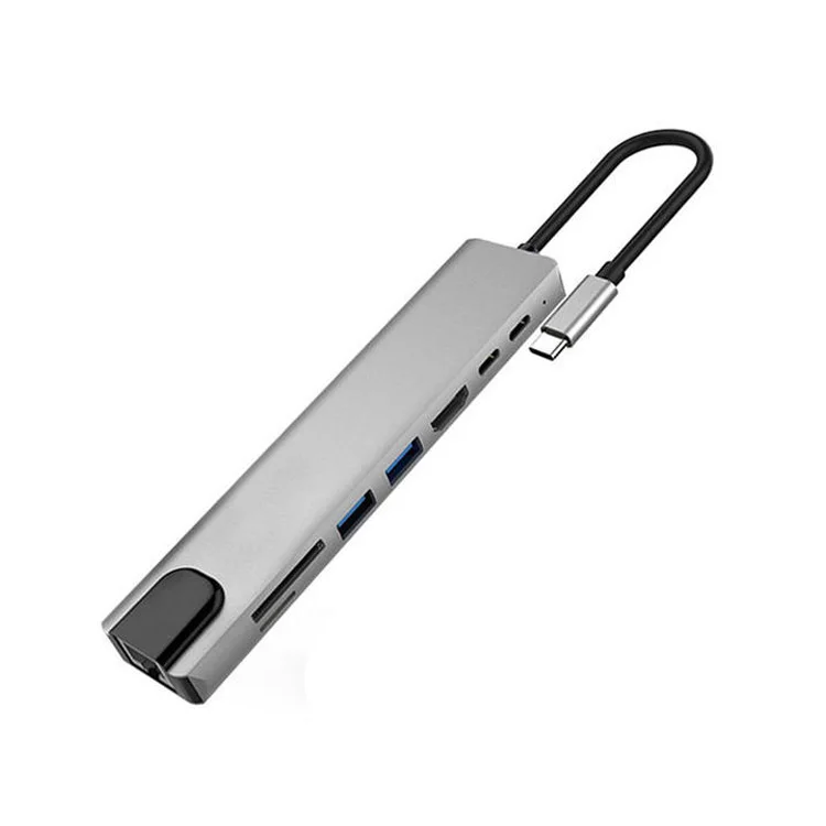 High Quality 8 in 1 Type-C Hub Multiport Dock Station with 4K HDMI USB3.0 RJ45 SDTF USB-C PD Charging Adapter 8 ports USB C Hubs