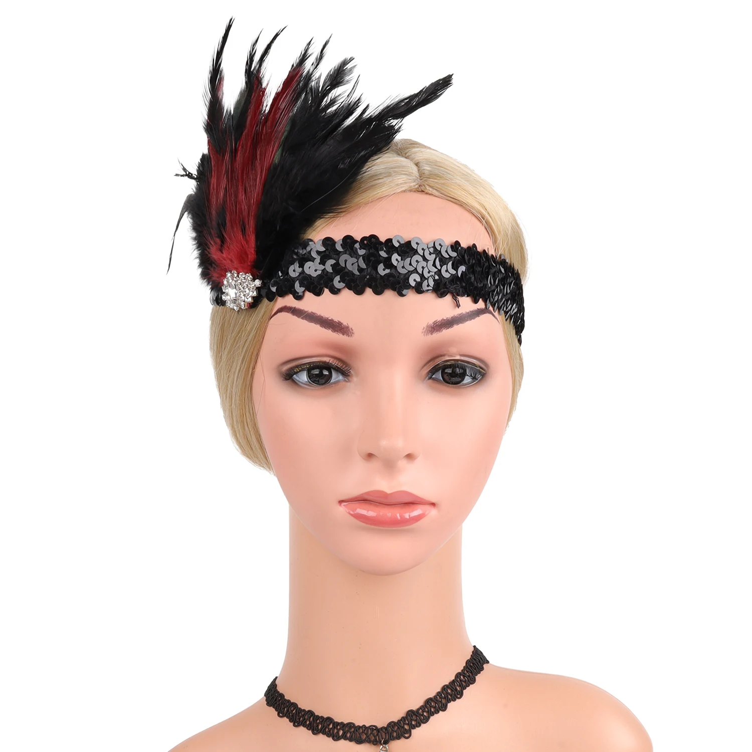 Women Feather Headband with Rhinestone Tassel 1920 Gatsby Flapper Girl Vintage Hair Band Showgirl Crystal Party Queen Headpiece
