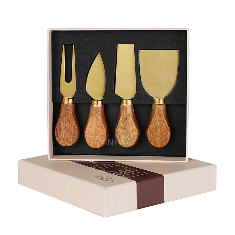 Christmas Gift Stainless Steel Blade Cheese Knives Set With Box 4 Pieces Acacia Wood Handle Cheese Knife Set