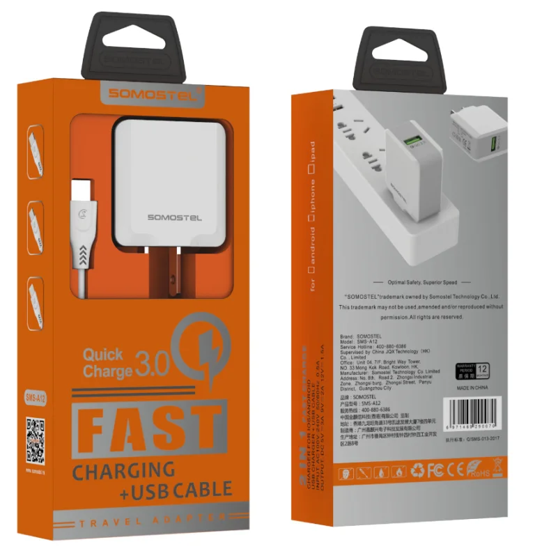 Wholesale Factory Price Somostel A12 Fast Charging Phone Charger With Cable Cargador Celular  Cargadore Rapido For iPhone