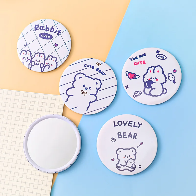 Cartoon Small Mirror Cute Girl Heart Makeup Small Round Mirror Students Small Gifts Portable Pocket Mirror Personalized Silver