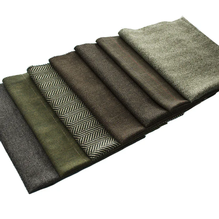 Autumn winter wool blend fabric army green twill herringbone scottish tweed yarn dyed fabric for men suit jacket skirt material