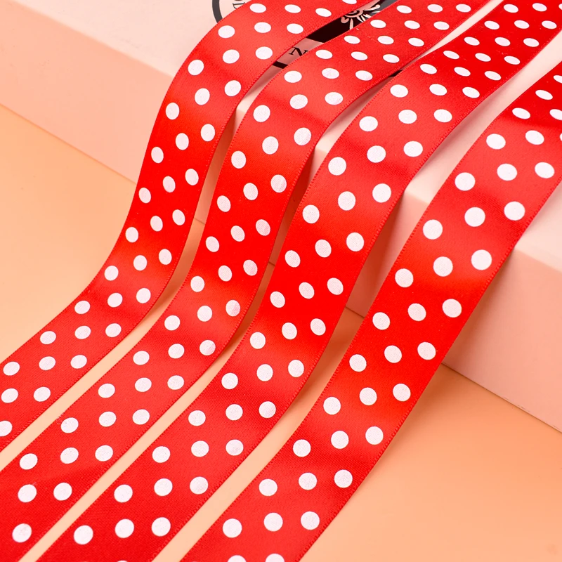 Customised Ribbon Roll White Polka Dot 25mm Satin ribbon With Logo Dot Printing ribbons