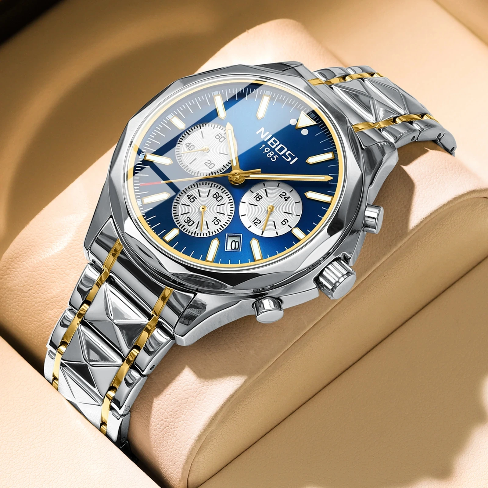 NIBOSI 2608 Luxury Men Watch Diamond Cut Alloy Luminous Sport Watch Chronograph Watch Waterproof