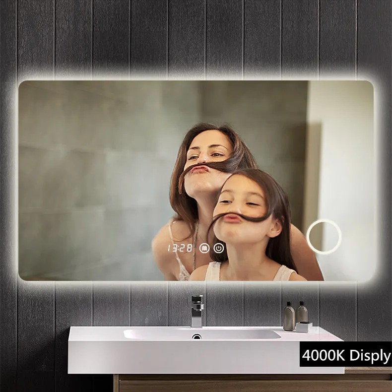 Hotel and home  defog led mirror bathroom smart light rectangle mirror with Touch Sensor/Time temperature Display