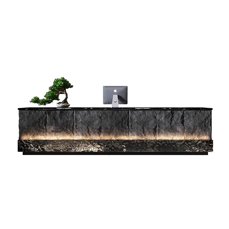 Custom Square Black Marble Granite Reception Front Desk Led Light Reception Desk With Storage