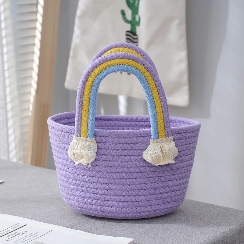 Adorable practical small cotton rope basket bag with a rainbow handle Perfect for your essentials Handcrafted with love Colorful