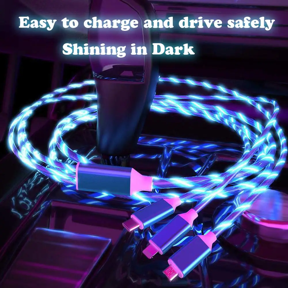 
New Trending 2.4A 3 in 1 Android Charger Cable LED Flowing Lightning Micro USB Cabel Fast USB Charging Data Cables 