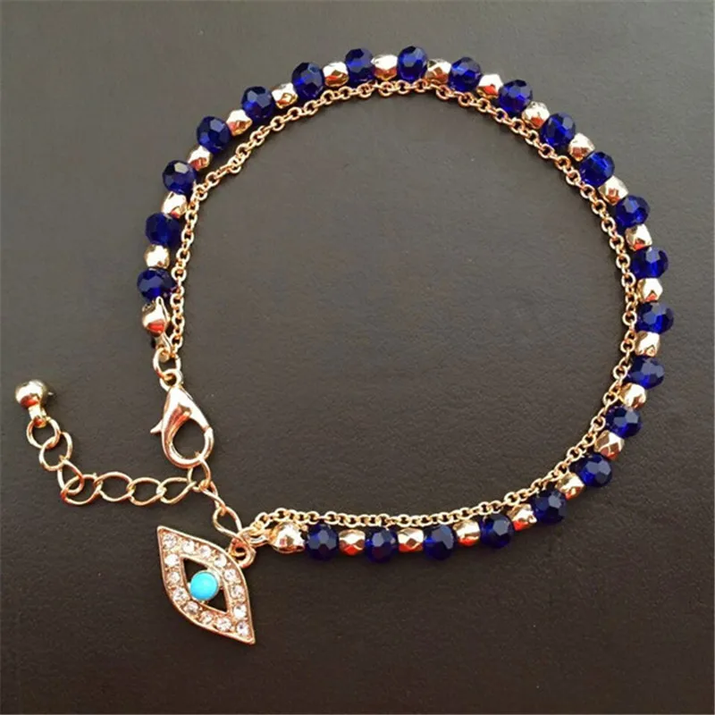 
Fashion Jewelry Blue Crystal Glass Fatimah Evil Eye and Palm Charm Beaded Bracelet for Women Girls 