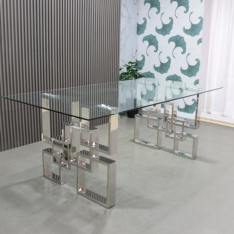 Металлический и Прозрачный Прямоугольный Обеденный стол из закаленного стекла с ножками из нержавеющей стали