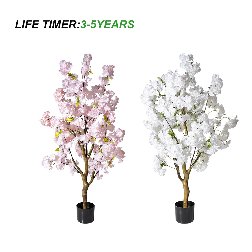 6.5ft Tall Faked Pink Sakura Floral Plant in Plastic Black Pot Artificial Cherry Blossom Flower Tree for Wedding Decor