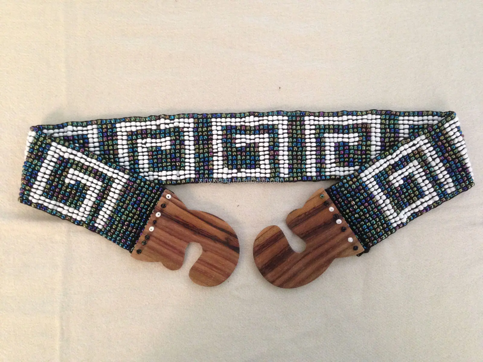 Factory Custom Beaded Stretch Belt, vintage beaded stretch belt with teak wood buckle, Rainbow Handmade Beaded Stretchy Belt