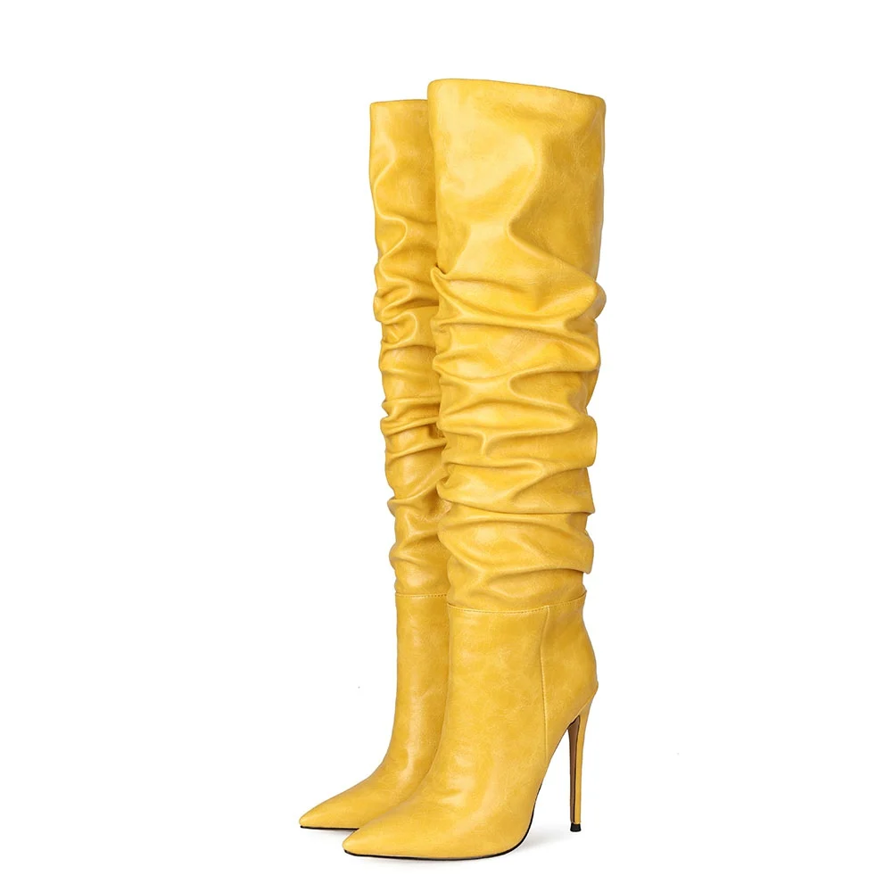 Hot Selling Sexy Stiletto High Heels Winter Women Slouch Boots Soft Black PU leather Ladies Pull-on Tube Thigh High Boots