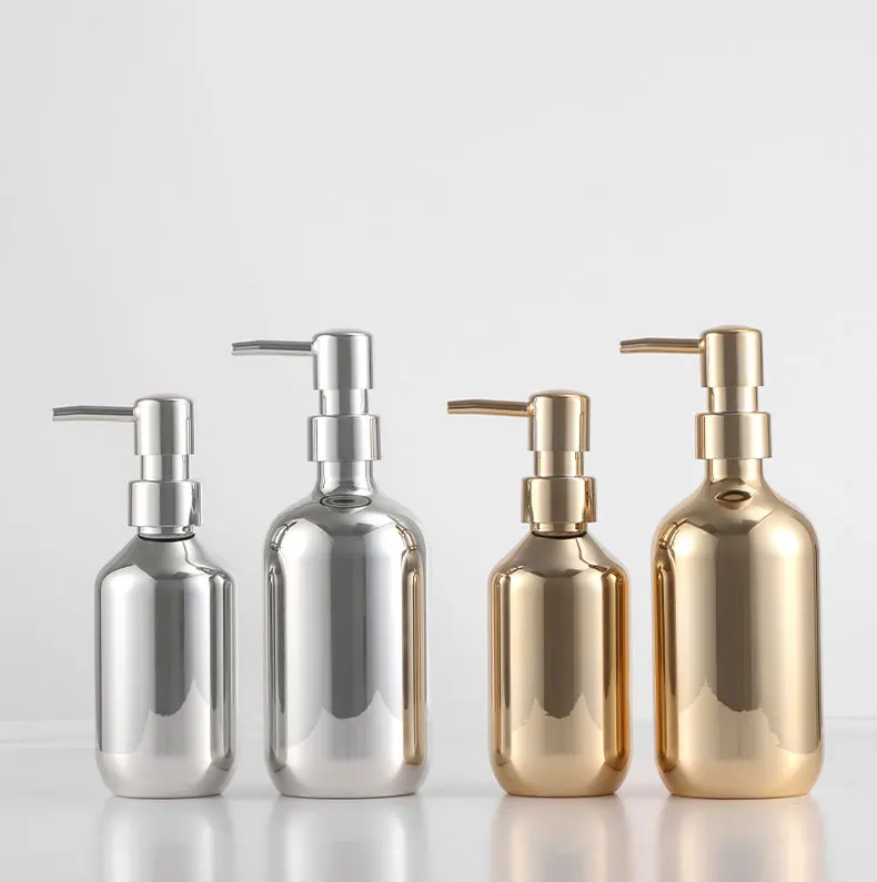 Luxury 10oz 16oz PET plating gold and silver plastic bottle with pump for shampoo,shower gel,lotion and etc
