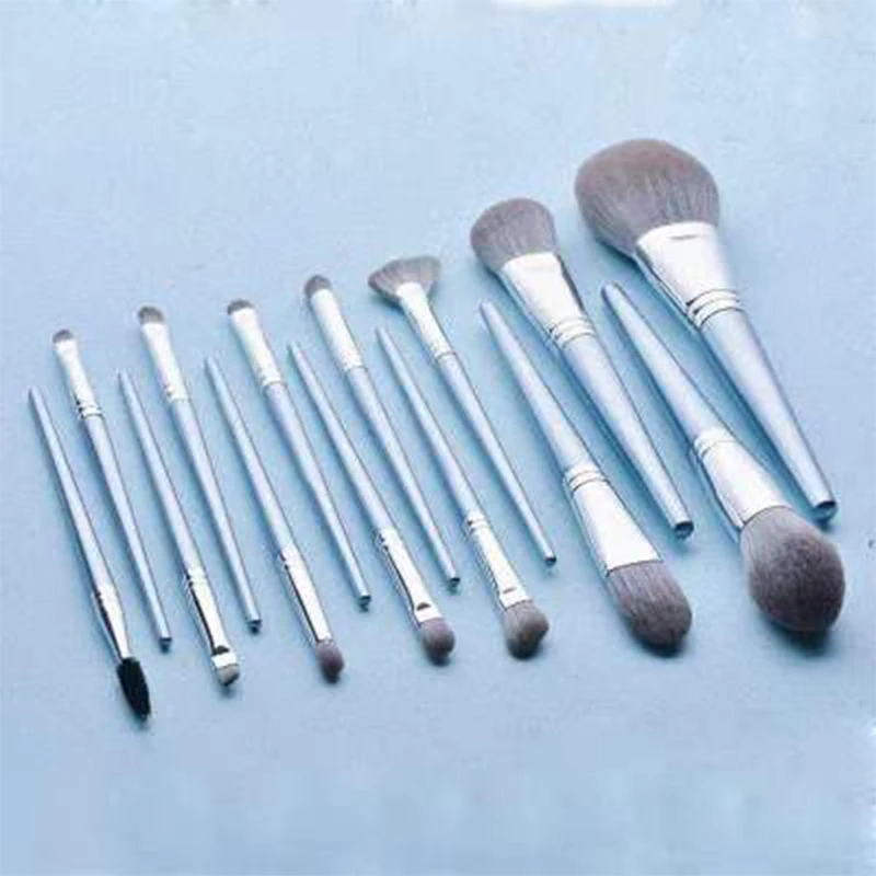 HXT-053 14pcs premium fluffy vegan hair silver makeup brushes set private label professional