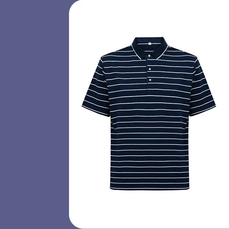 75 % Cotton 25% Polyester 3 Buttons Placket Turn Down Collar Pinstriped Shirts Custom Logo Short Sleeve Polos For Men