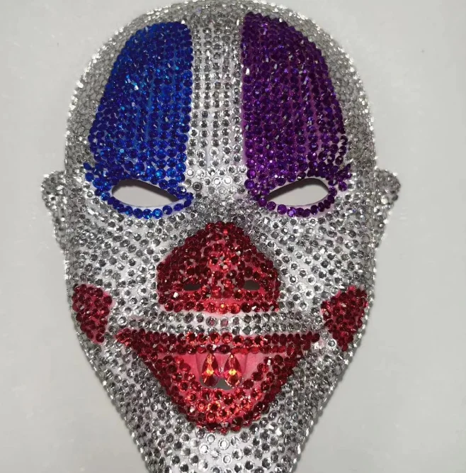 Custom Horror Clown Diamond Mask Handmade Wolf Bling Rhinestone Jason Full Face Mask For Halloween Masquerade Dance Party