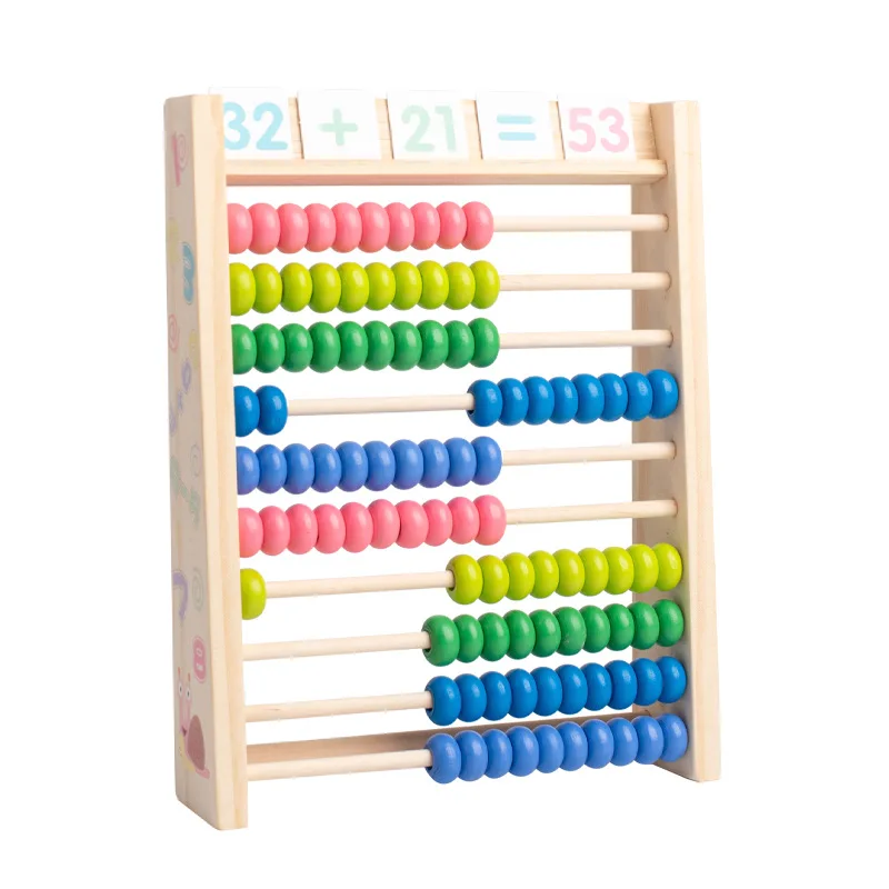 Educational Counting Toy Math Games Preschool Learning Toys 10-Row Wooden Frame Abacus with Multi-Color Beads Number Cards