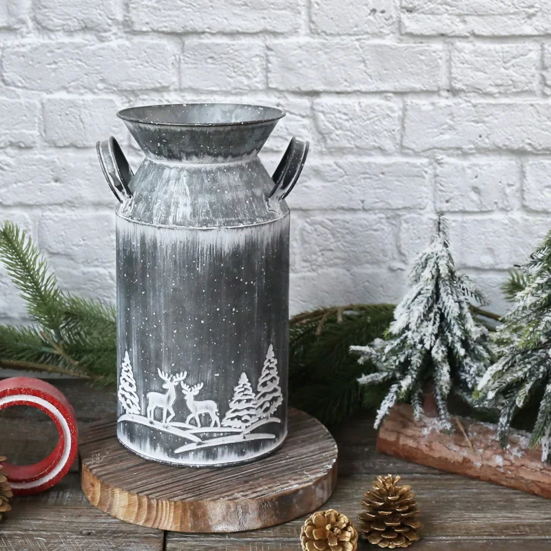 Winter Christmas Vintage White Tree Stripes Galvanized Iron Garden Pots With Handles For Farmhouse Decorating Tools