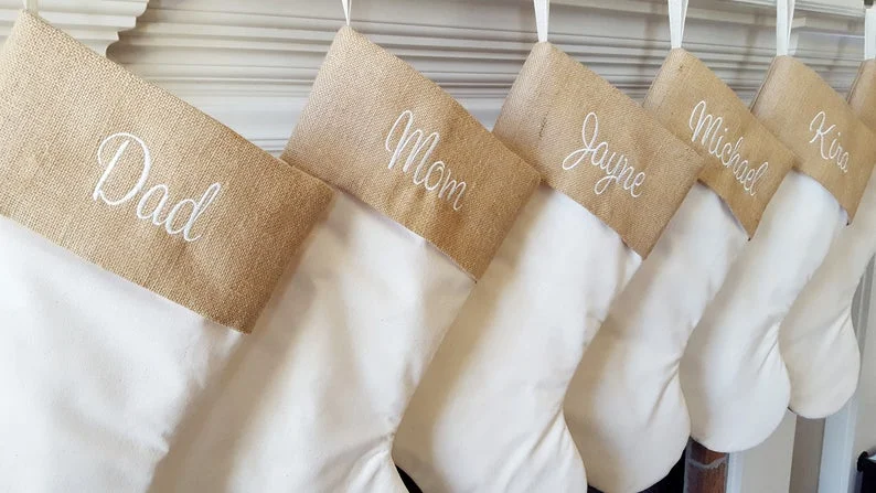 Farmhouse Christmas Stockings Natural Burlap Quilted Cotton Canvas Monogram Christmas Stocking Custom Name Xmas Stockings