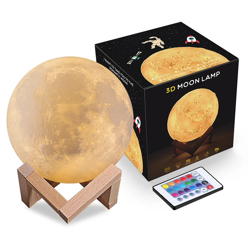 Round Led Night Light 3D Print Moon Lamp Colorful Change USB Rechargeable Touch Switch Luna Moonlight Home Decoration Creative