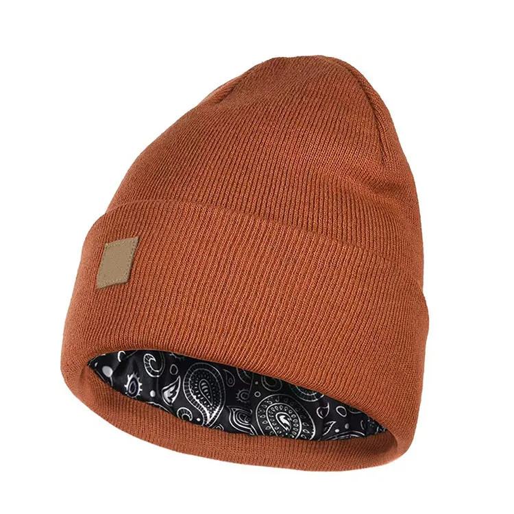 Women Beanie Hat With Pom Pom ,Custom Logo Warm Satin Lined Winter Unisex Cashmere Wool Beanies Knitted Hats For Brown