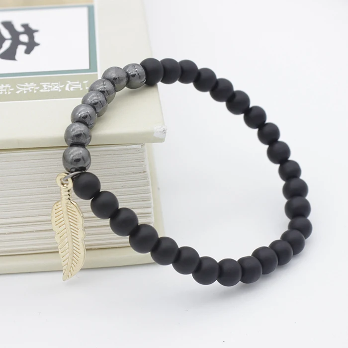 spiritual leaf minimalist private label hematite natural stone bracelet