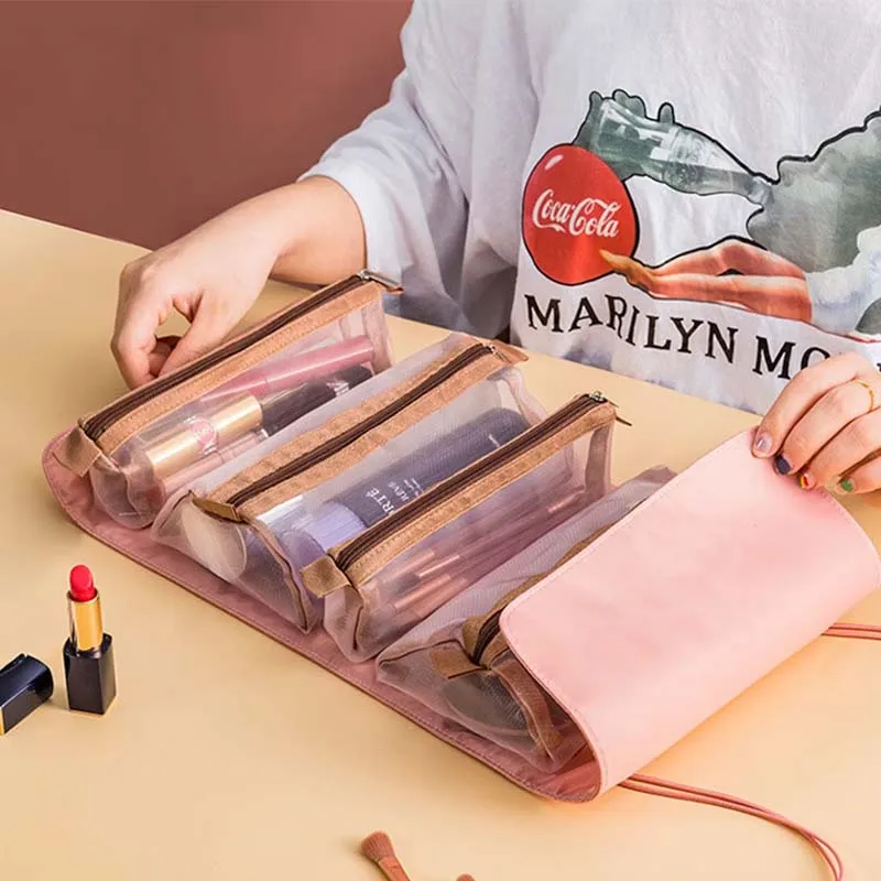 4 in 1 Travel Roll Up Portable Folding Toiletry Organizer for Women Girls Toiletry Bag with Detachable Mesh Makeup Pouches