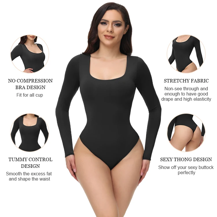 Oucheng OEM Full Body Suit Ladies One Piece Basic Solid Color Long Sleeve Bodysuit Fajas Colombianas Shapewear For Women