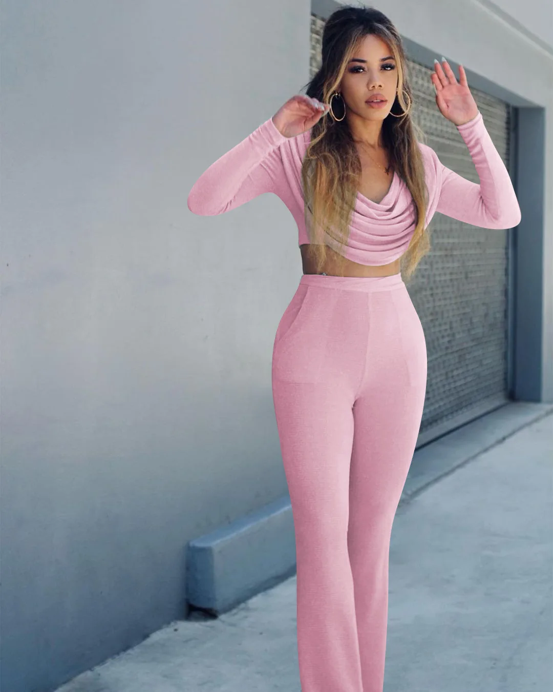 Осень 2021 модные повседневные сексуальные однотонные женские тонкие расклешенные брюки с ворсом, футболка с длинными рукавами, комплект из двух предметов