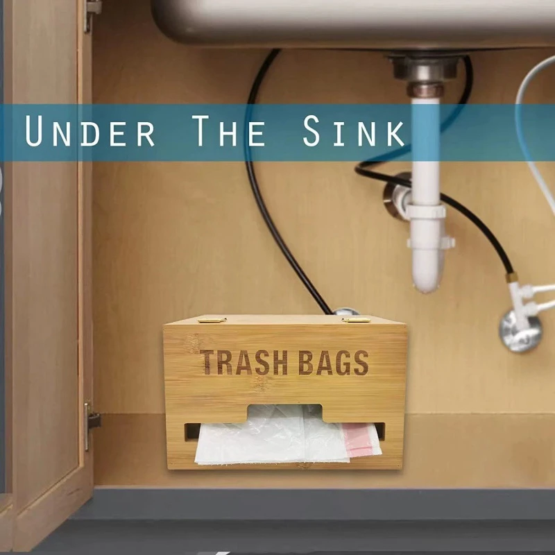 Large Trash Bag Dispenser Bamboo Garbage Bag Holder Kitchen Laundry Trash Can Organizer Wall Mounted or on Countertop