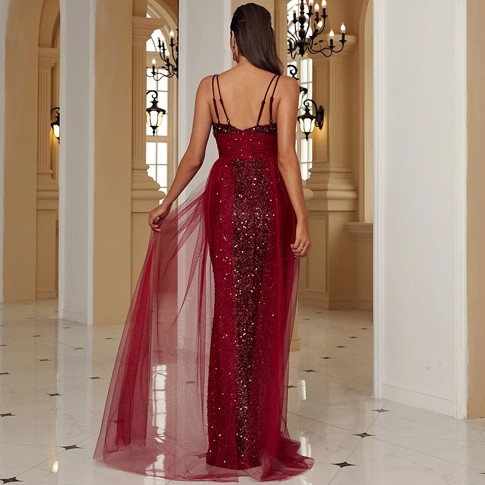 Missord Contrast Sequin Mesh Overlay Formal Sequins Evening Dress In Red Gowns For Women