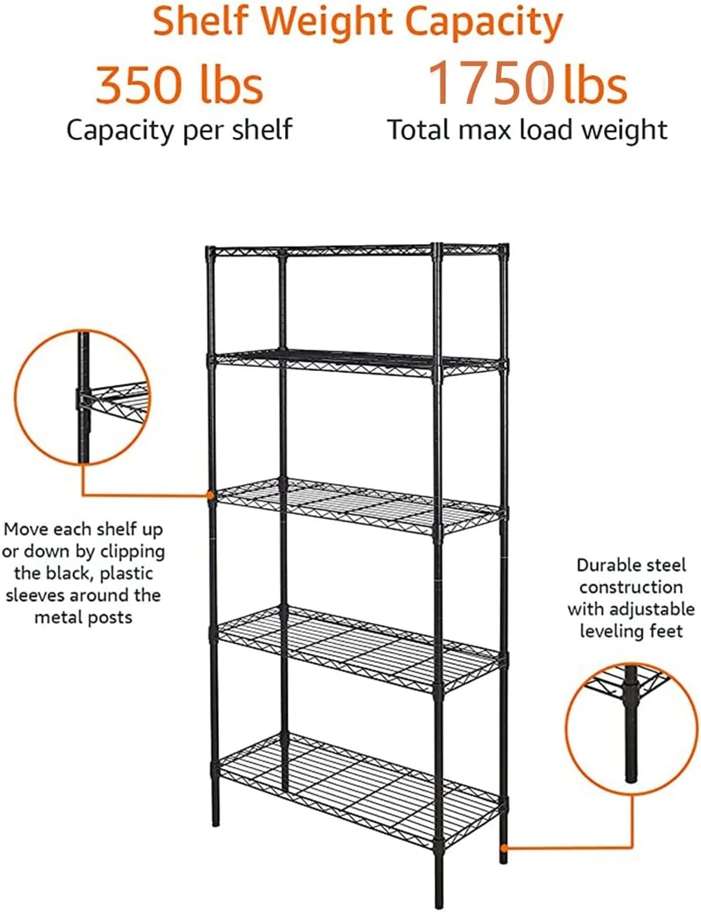 Standing Kitchen Restaurant 5-Shelf Adjustable Heavy Duty Storage Shelving Unit Metal Garage Storage Rack