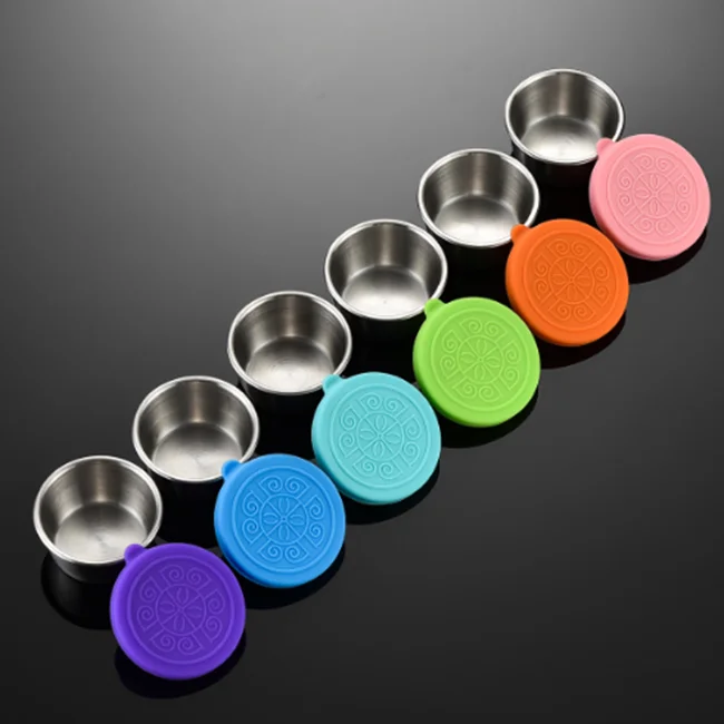 Reusable Round Small Sauce Cup With Leakproof Silicone Lids Salad Dressing Containers Stainless Steel Condiment Container